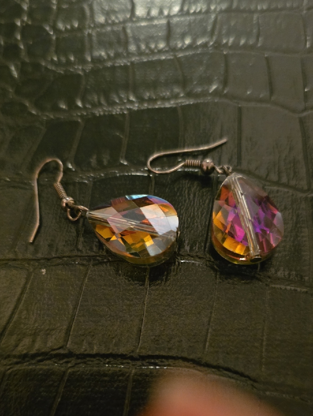 Crystal Teardrop Dangle Earrings - Iridescent Gold & Purple